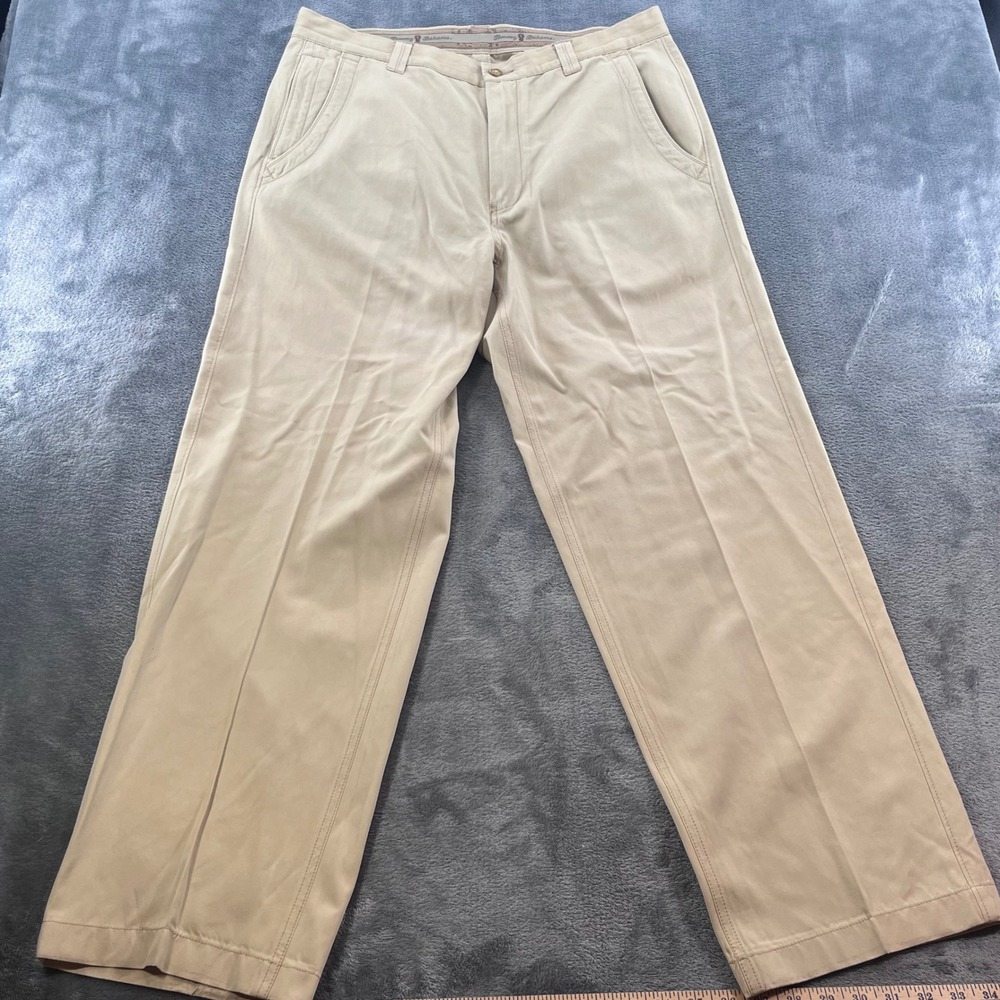 Tommy Bahama Mens 34 Silk Cotton Blend Chino Pants Tan Khaki Flat Front Straight